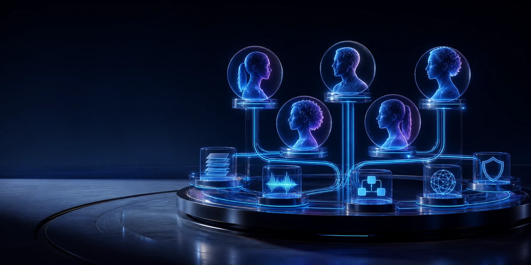 Connected digital workforce represented as governed identity, knowledge and workflow nodes