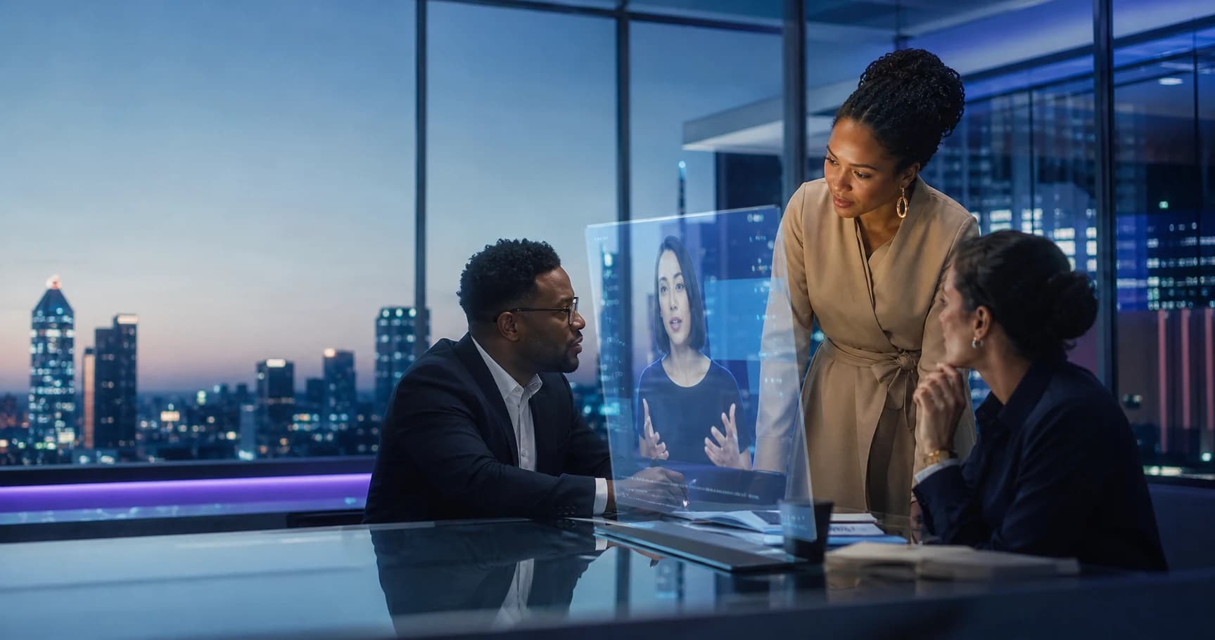 South African enterprise team collaborating with a disclosed digital colleague on screen